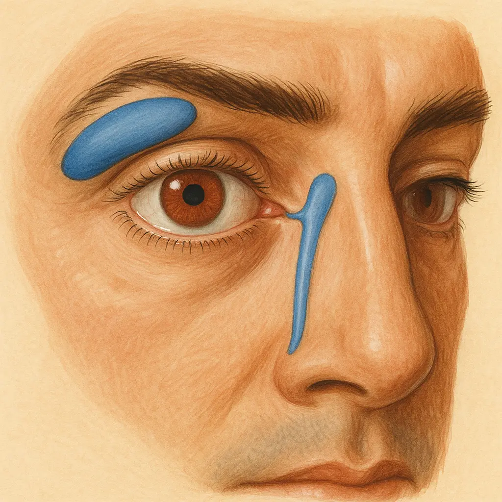 Ilustração do sistema lacrimal e procedimento de dacriocistorinostomia